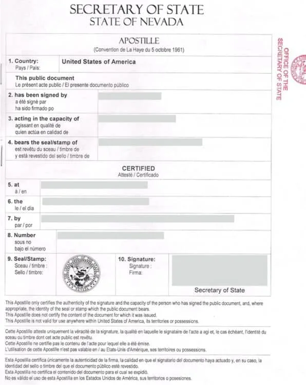 The Apostille of the Hague for a certificate from the United States of America.
