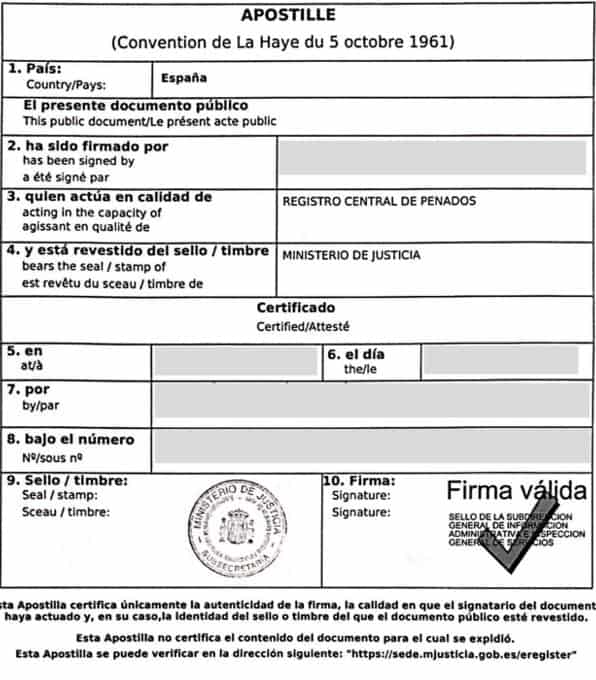 Apostille de la Haye d'un extrait de casier judiciaire espagnol